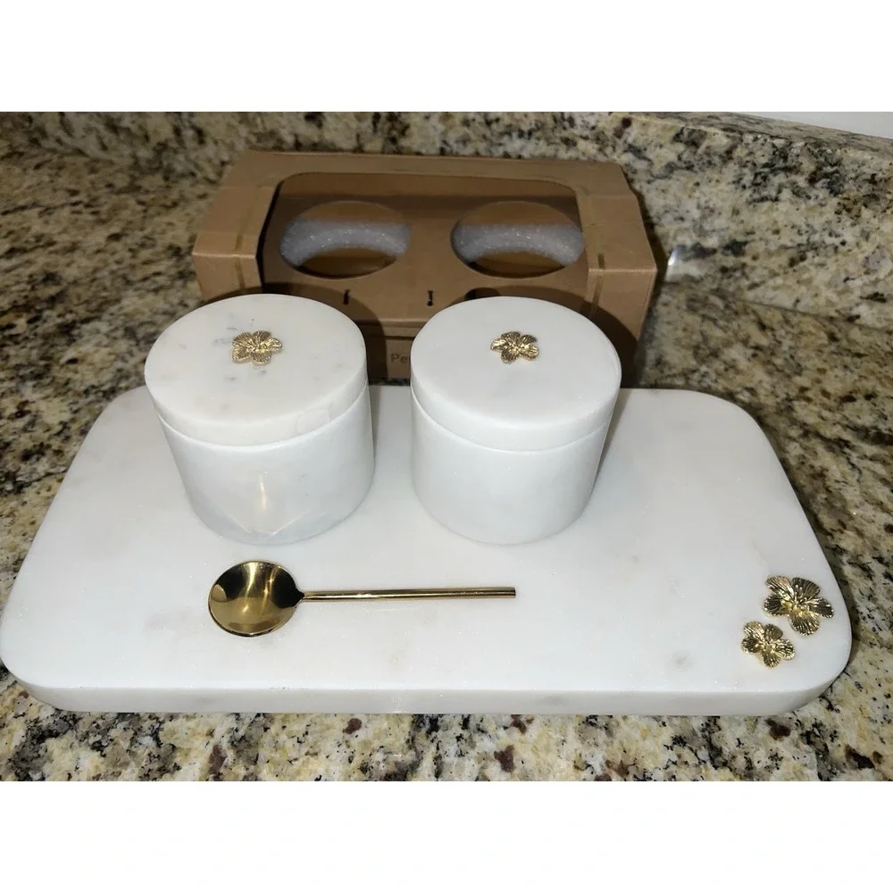 White Marble Salt And Pepper Cellar Set With Marble Base And Gold Spoon And Acce